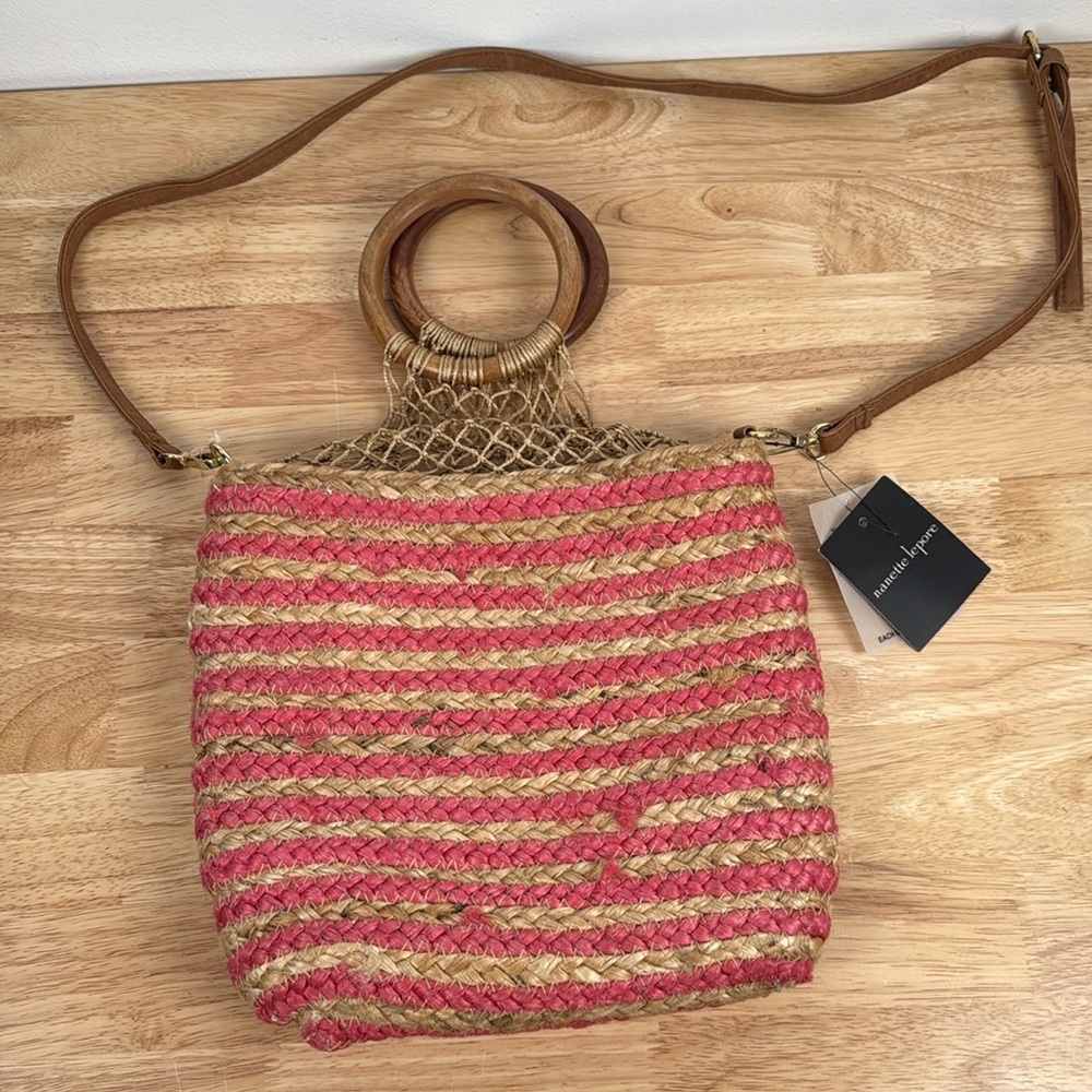 Nanette Lepore Pink and Tan Jute Bucket Bag - Picture 2 of 16